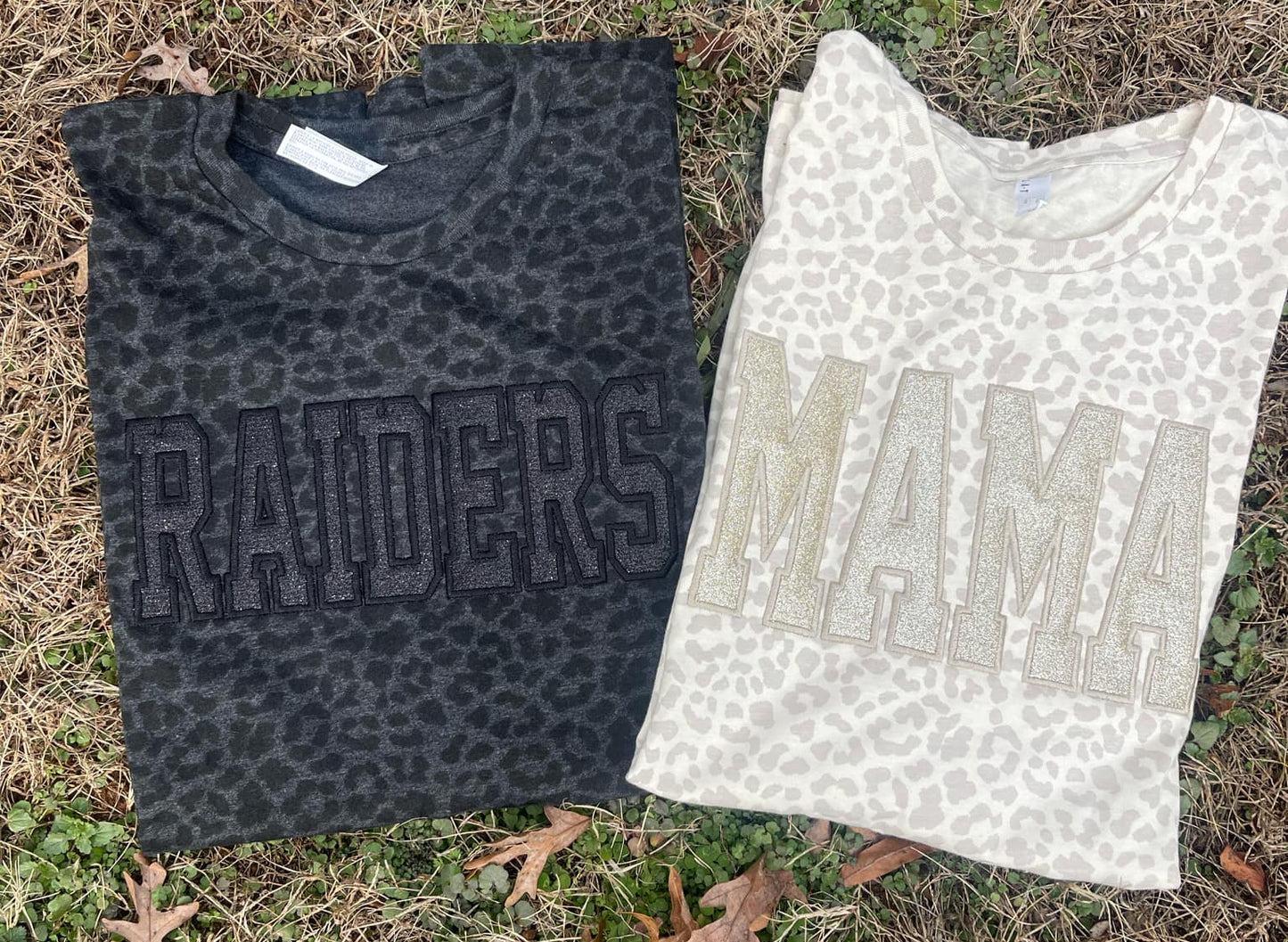 Natural or Black Leopard Custom Mama or Mascot Glitter Applique Embroidered Graphic Tee