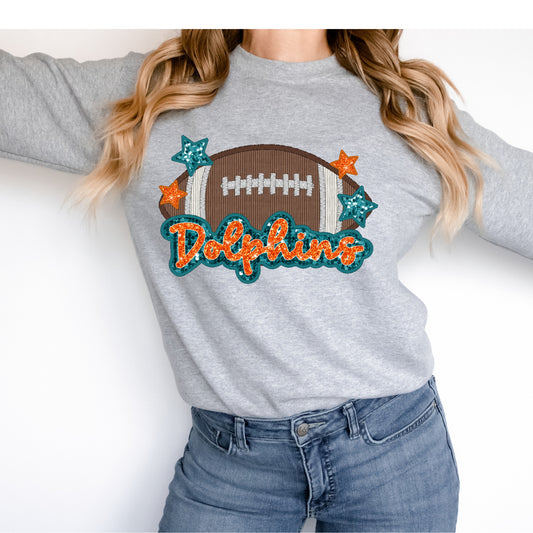 Dolphins Football Faux Applique and Glitter Graphic Tee