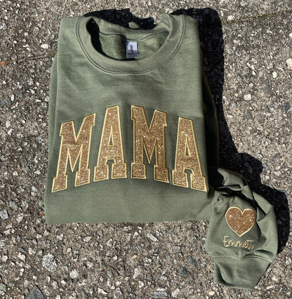 Mama Glitter Applique and Icon on sleeve Embroidered CC Short Sleeve/Sweatshirt