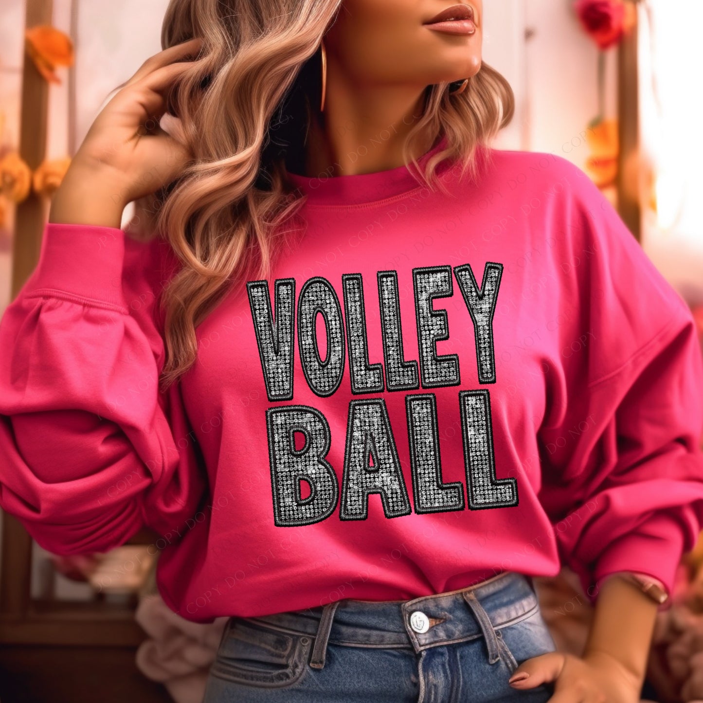 Volleyball Faux Embroidery Diamonds Bling DTF  Transfer