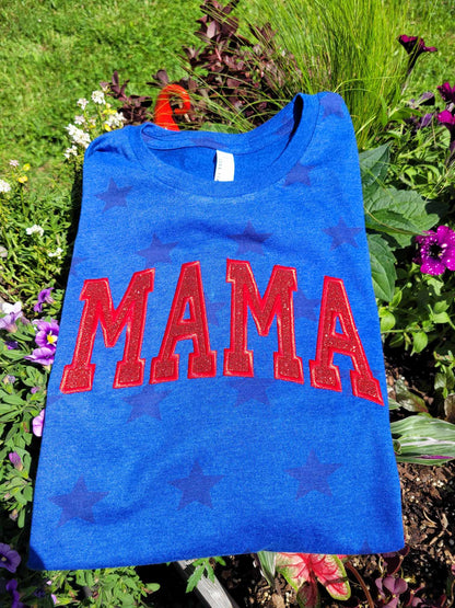 Patriotic Star Spangled Blue Tee with Red Glitter Mama Applique