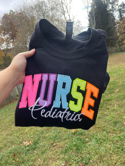 Nurse Multicolor Varsity Applique with Name and Icon on Sleeve Embroidered CC Short Sleeve or Sweatshirt