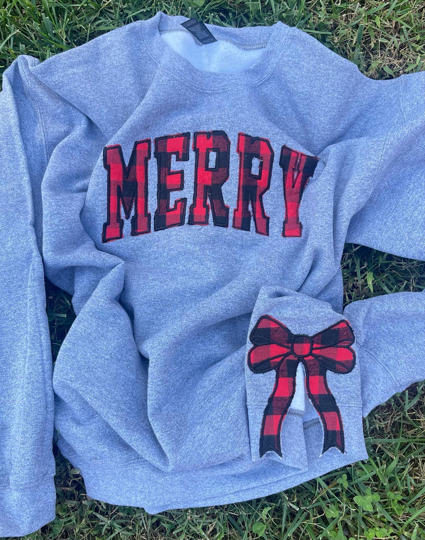 Side Bow Christmas Fabric Applique Embroidered Sweatshirt with Optional Front Embroidery