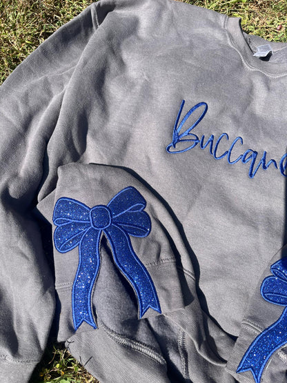 Side Bow Glitter Applique Embroidered Sweatshirt with Optional Script Mascot/Word on Front