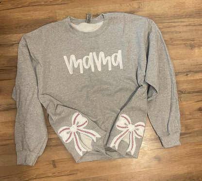 Baseball Side Bow Glitter Applique Embroidered Sweatshirt with Optional Front