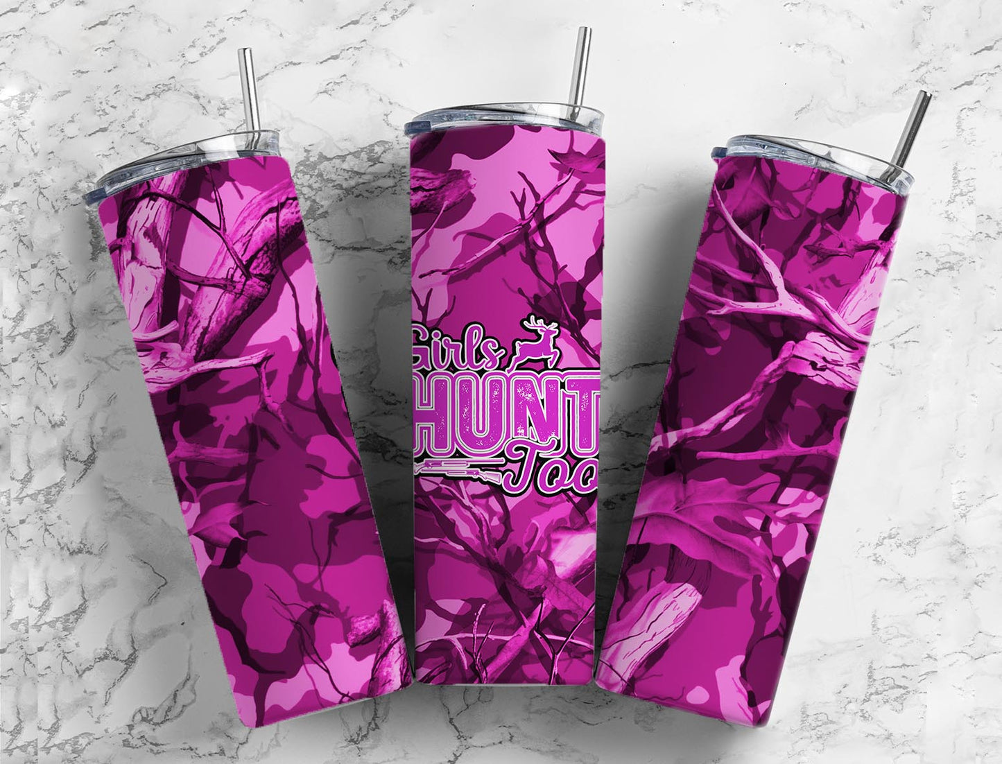 Girls Hunt Too Pink Camo Completed 20oz Skinny Tumbler