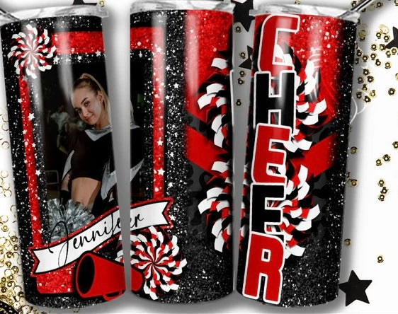 Cheer Red, Black Upload Your Own Photo Completed 20oz Skinny Tumbler (Copy) (Copy)