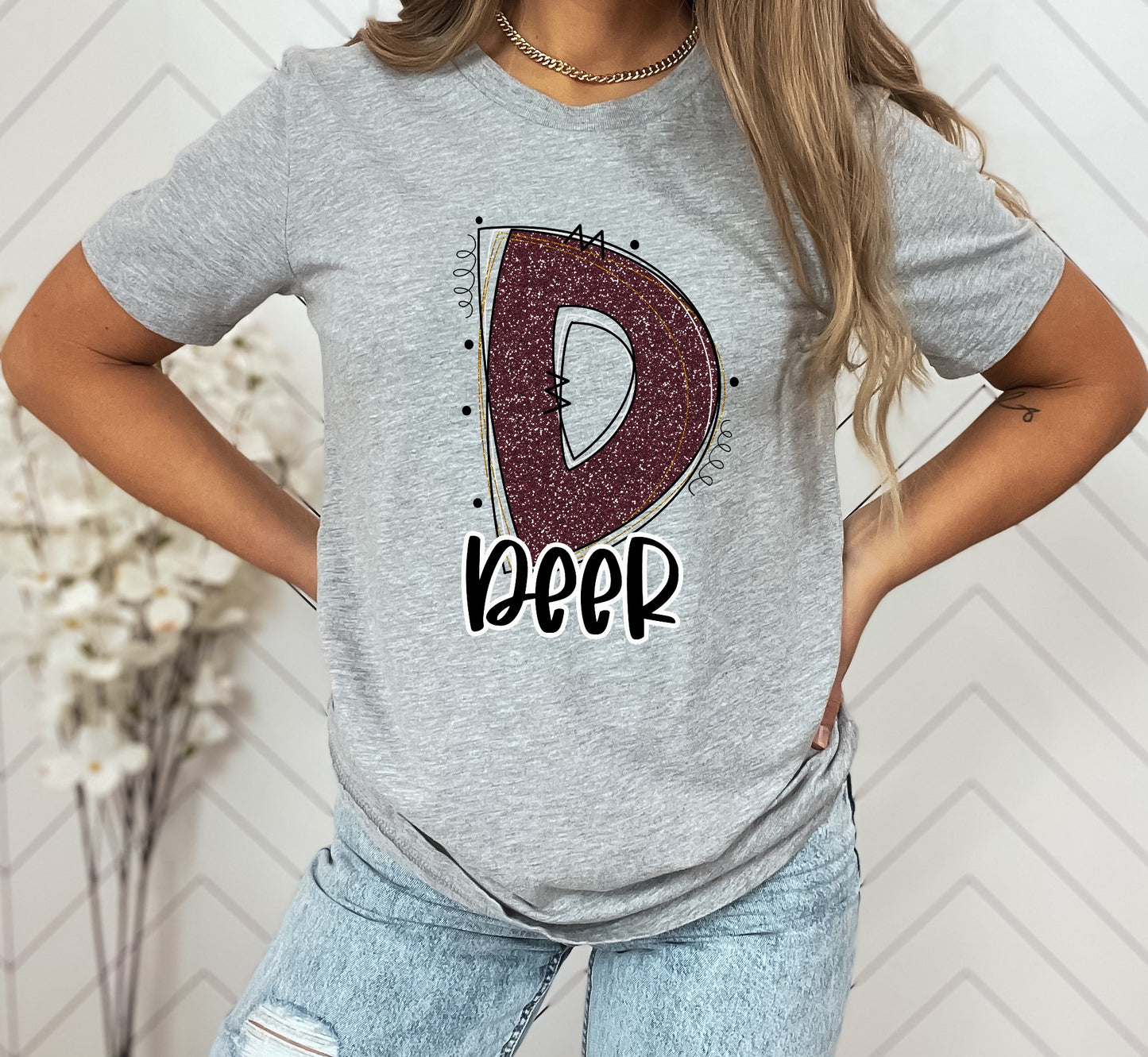 Deer Glitter Varsity Doodle Graphic Tee