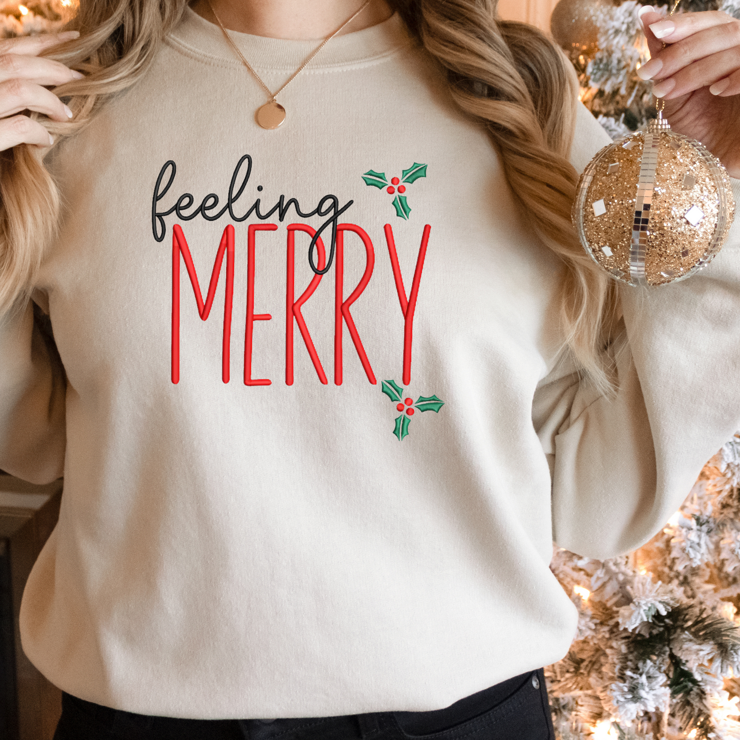 Feeling Merry Christmas Holiday Embroidered Sweatshirt