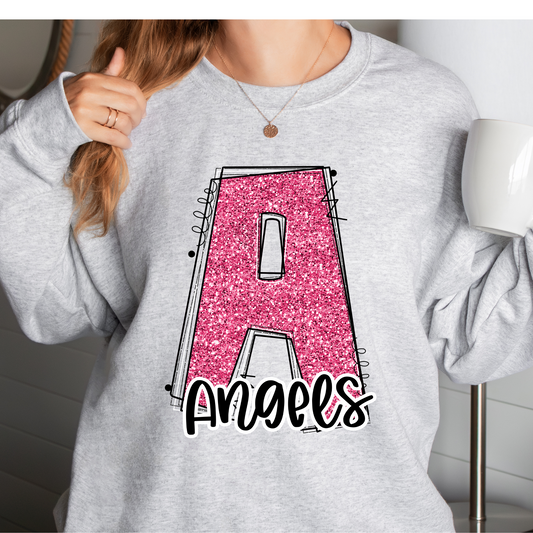 Angels Pink Faux Glitter Varsity Letter Doodle DTF Transfer