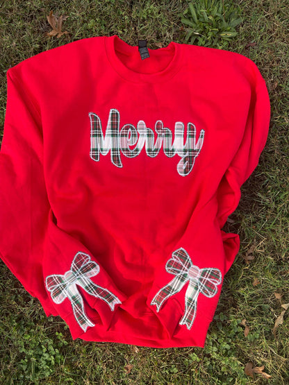 Merry Plaid Fabric Applique with Optional Side Bows Christmas Holiday Embroidered Sweatshirt