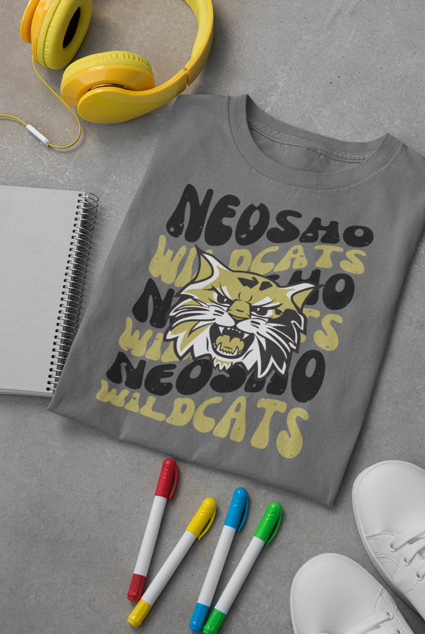 Neosho Wildcats Distressed Wavy Mascot Graphic Tee