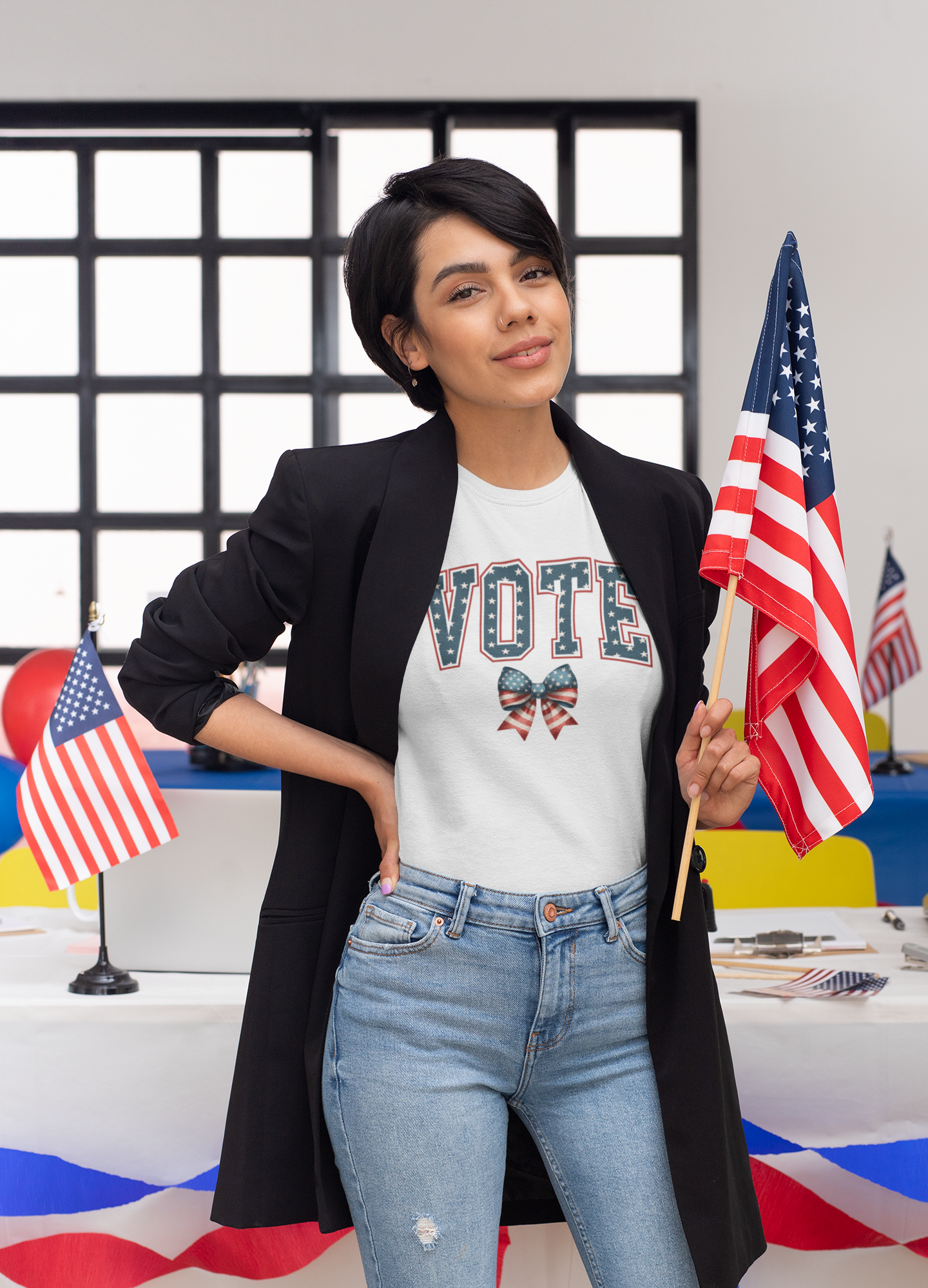 VOTE Star Spangled Red White and Blue Coquette Bow Graphic Tee