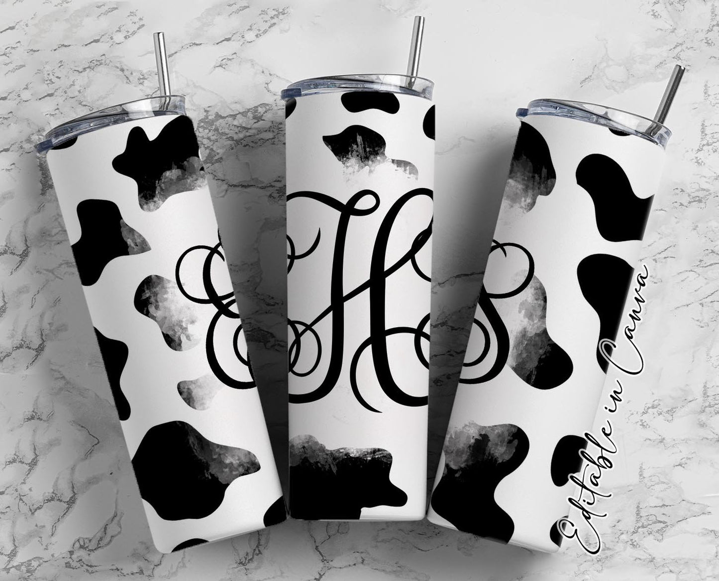 Black and White Cow Print Vine Monogram 20oz Stainless Steel Skinny Tumbler