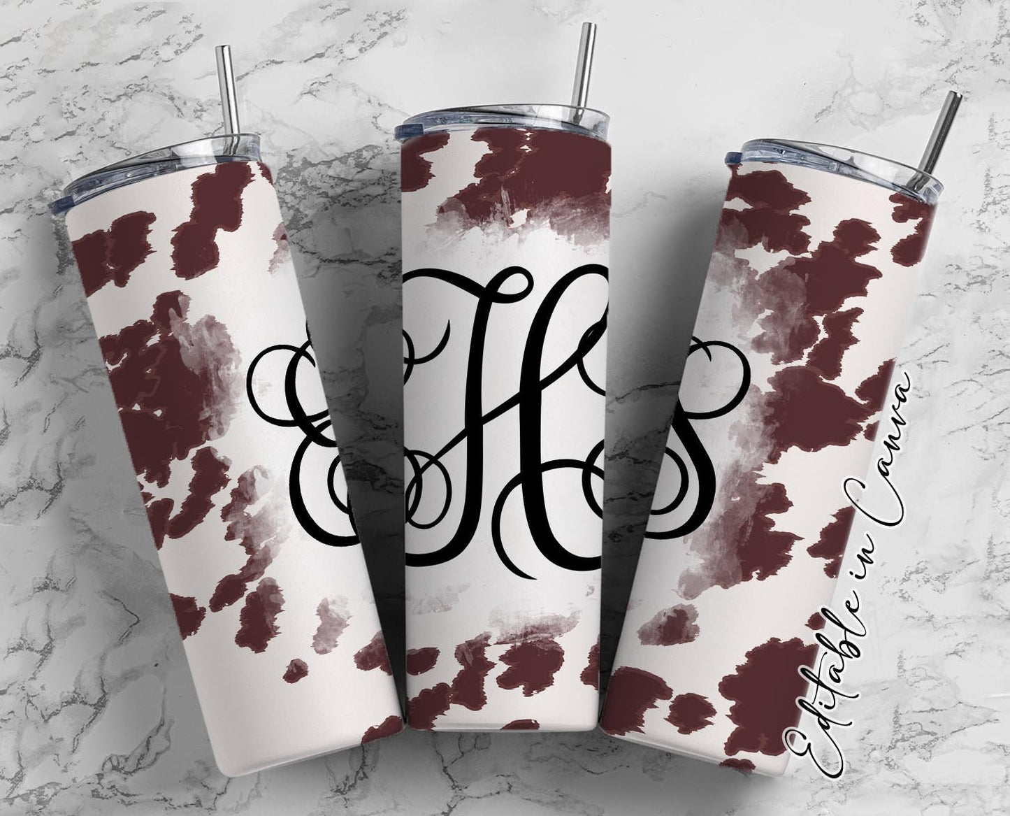 Brown and White Cow Print Vine Monogram 20oz Stainless Steel Skinny Tumbler