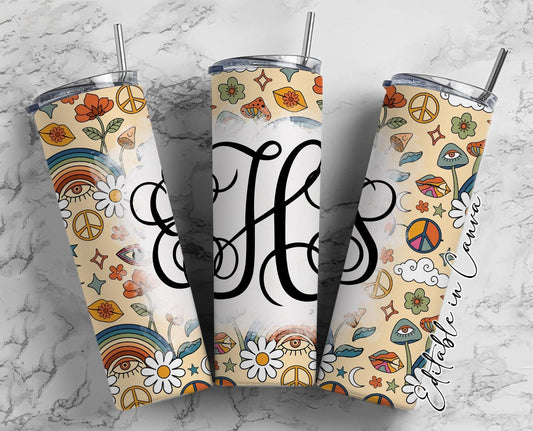 Boho Peace Retro Vine Monogram 20oz Stainless Steel Skinny Tumbler