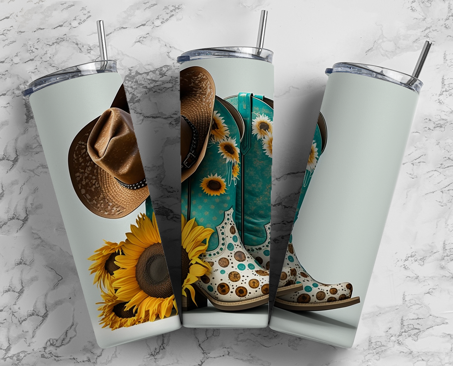 Sunflower Turquoise Cowboy Cowgirl Boots Completed 20oz Skinny Tumbler