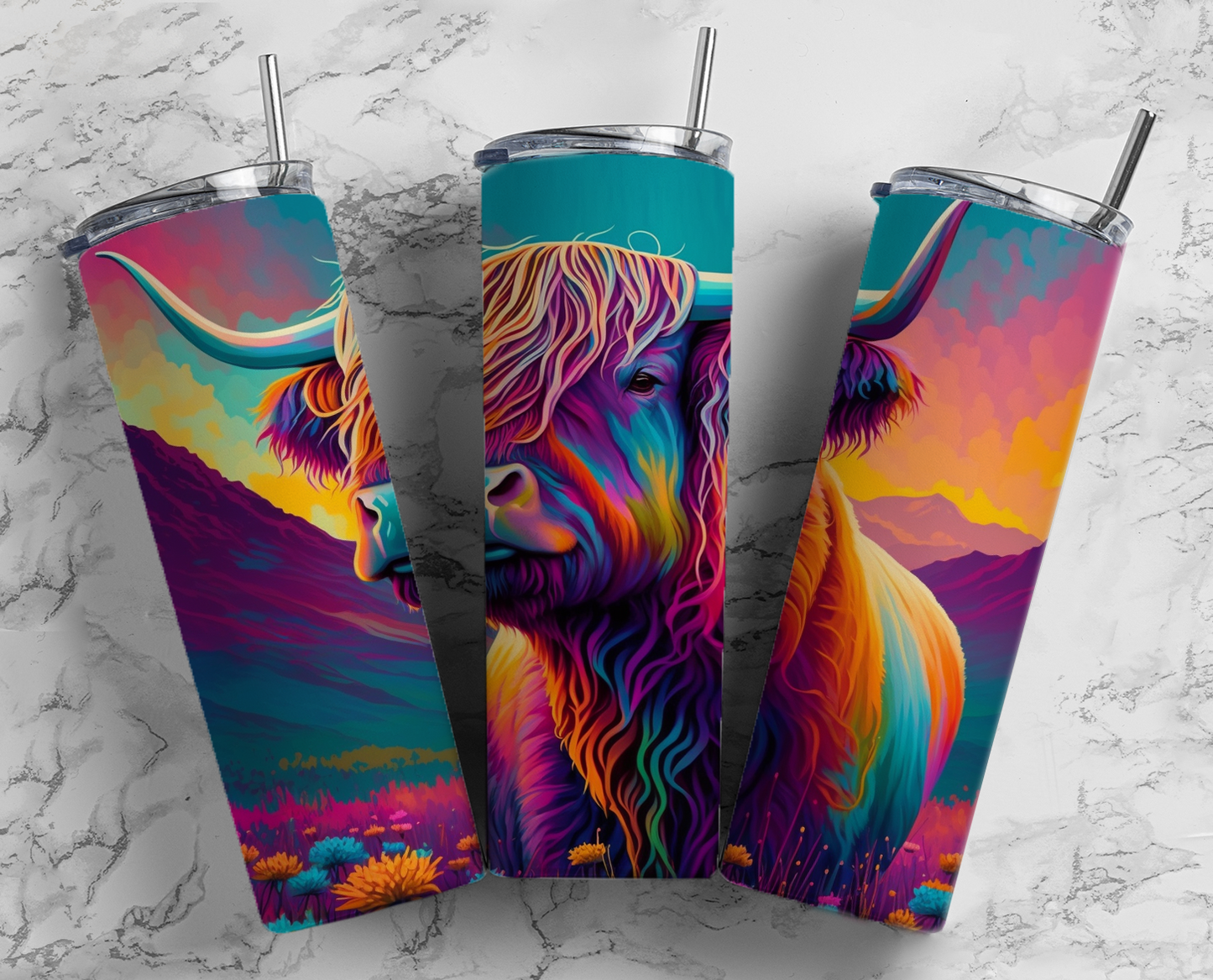 Neon Highland Cow Steer Completed 20oz Skinny Tumbler