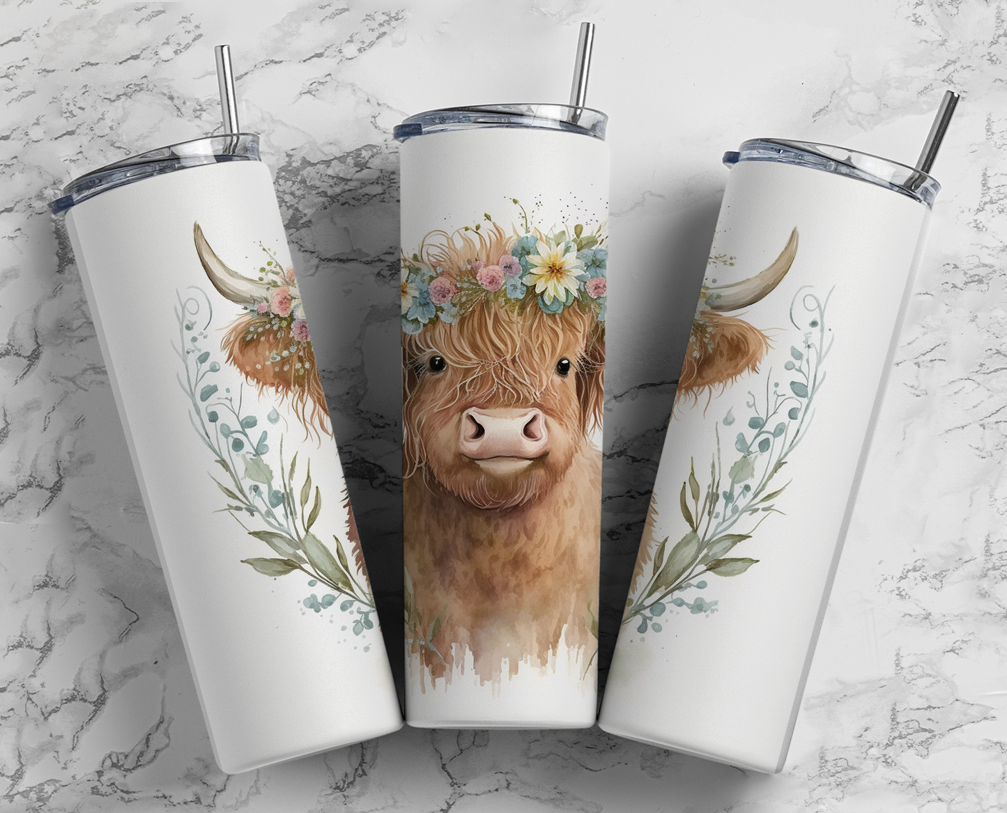 Floral Highland Cow Completed 20oz Skinny Tumbler