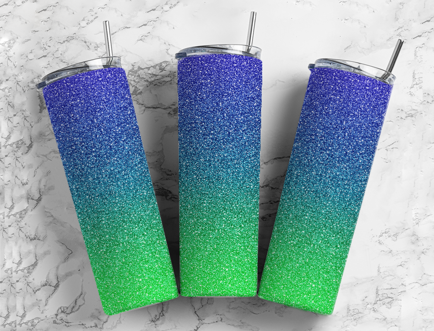 Green and Blue Ombre Faux Micro Glitter Completed 20oz Skinny Tumbler