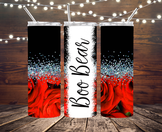 Valentine's Anniversary Black with Red Roses and Silver Holographic Faux Glitter and Bleach Completed 20oz Skinny Tumbler