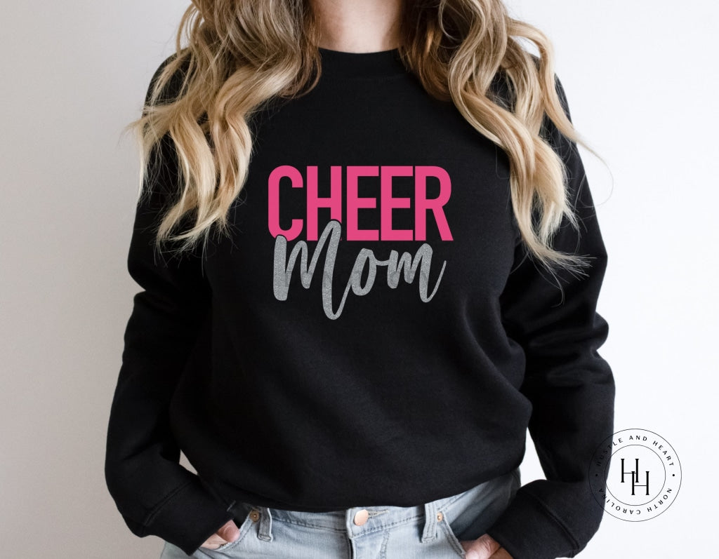 Cheer Mom Bright Blue/hot Pink And Silver Faux Glitter Graphic Tee Shirt