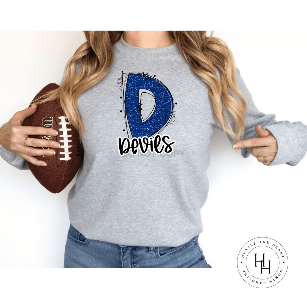 Devils Blue Glitter Varsity Doodle Graphic Tee Dtg Tee