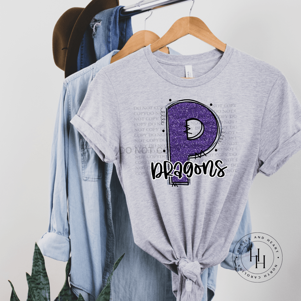 Dragons Purple Glitter Varsity Doodle Graphic Tee Dtg Tee