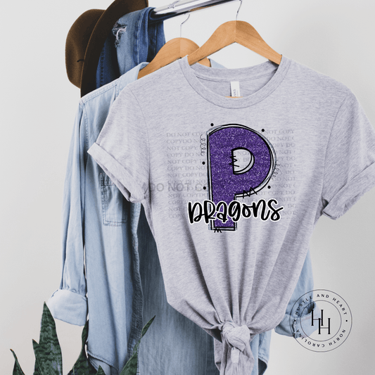 Dragons Purple Glitter Varsity Doodle Graphic Tee Dtg Tee