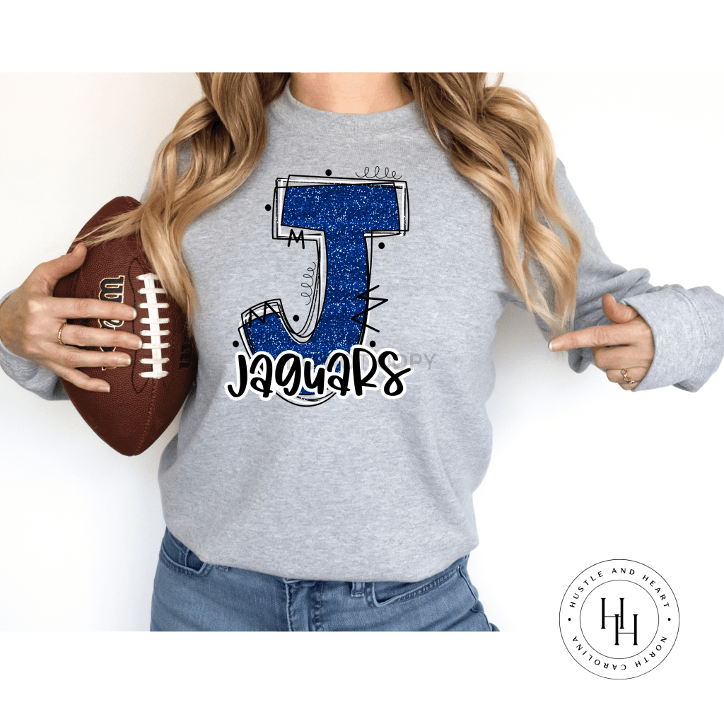 Jaguars Blue Glitter Varsity Doodle Graphic Tee Dtg Tee