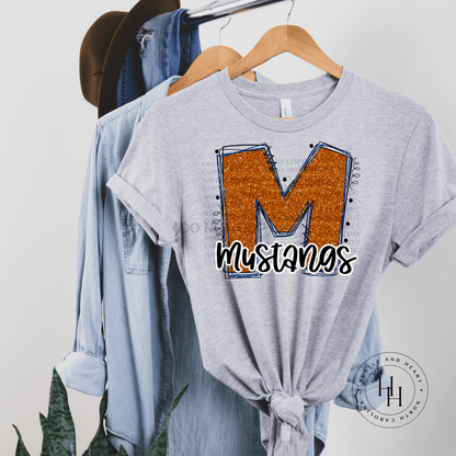 Mustangs Orange/blue Glitter Varsity Doodle Graphic Tee Dtg Tee