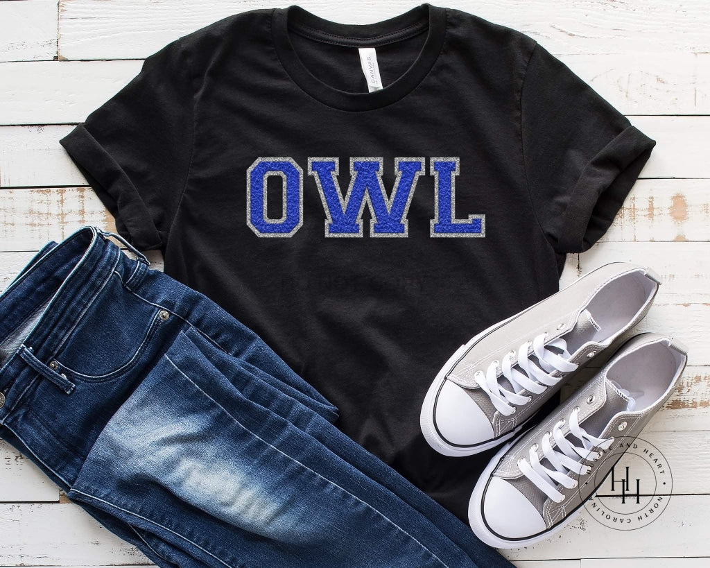 Owl Blue Faux Chenille Letters Graphic Tee