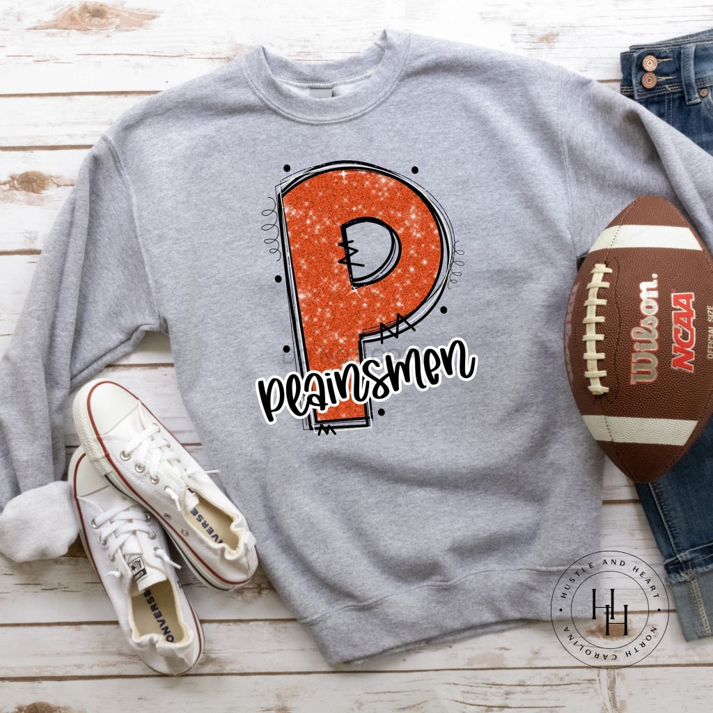 Plainsmen Orange/navy Glitter Varsity Doodle Graphic Tee Unisex Tee