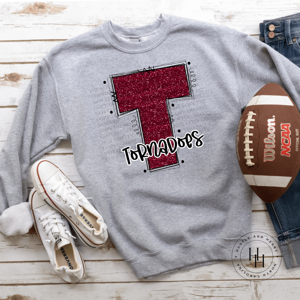 Tornadoes Maroon Glitter Varsity Doodle Graphic Tee Dtg Tee