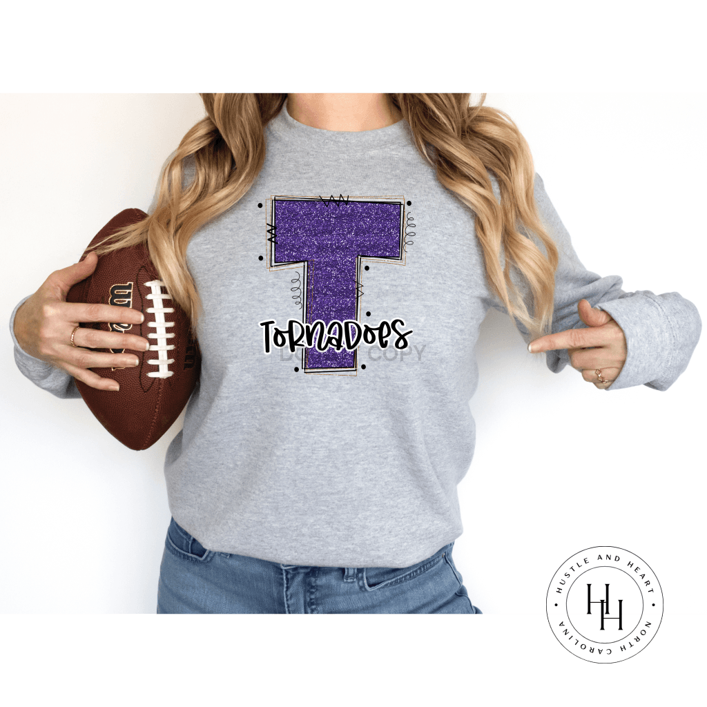 Tornadoes Purple/gold Glitter Varsity Doodle Graphic Tee Unisex Tee