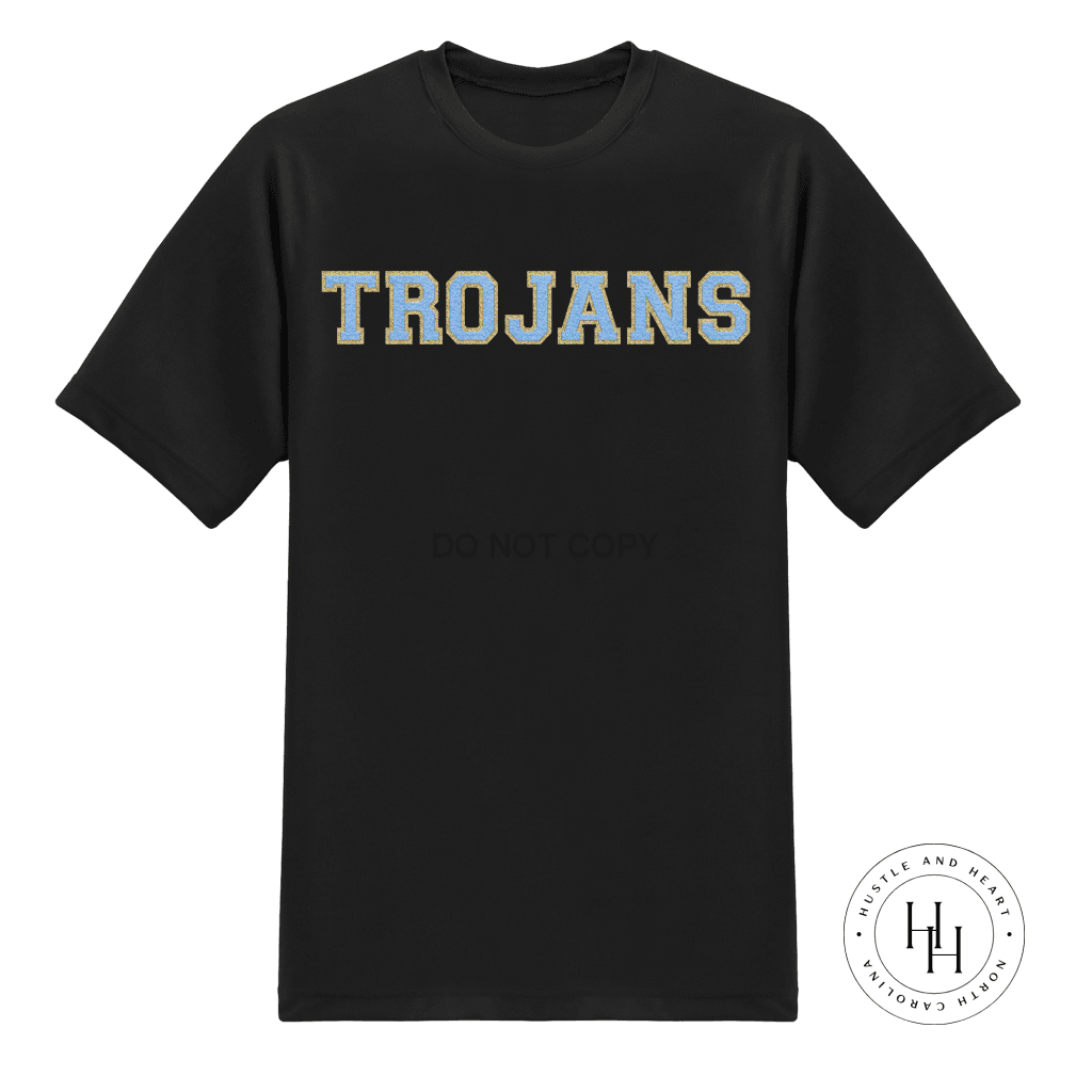 Trojans Light Blue/gold Faux Chenille Letters Graphic Tee Dtg