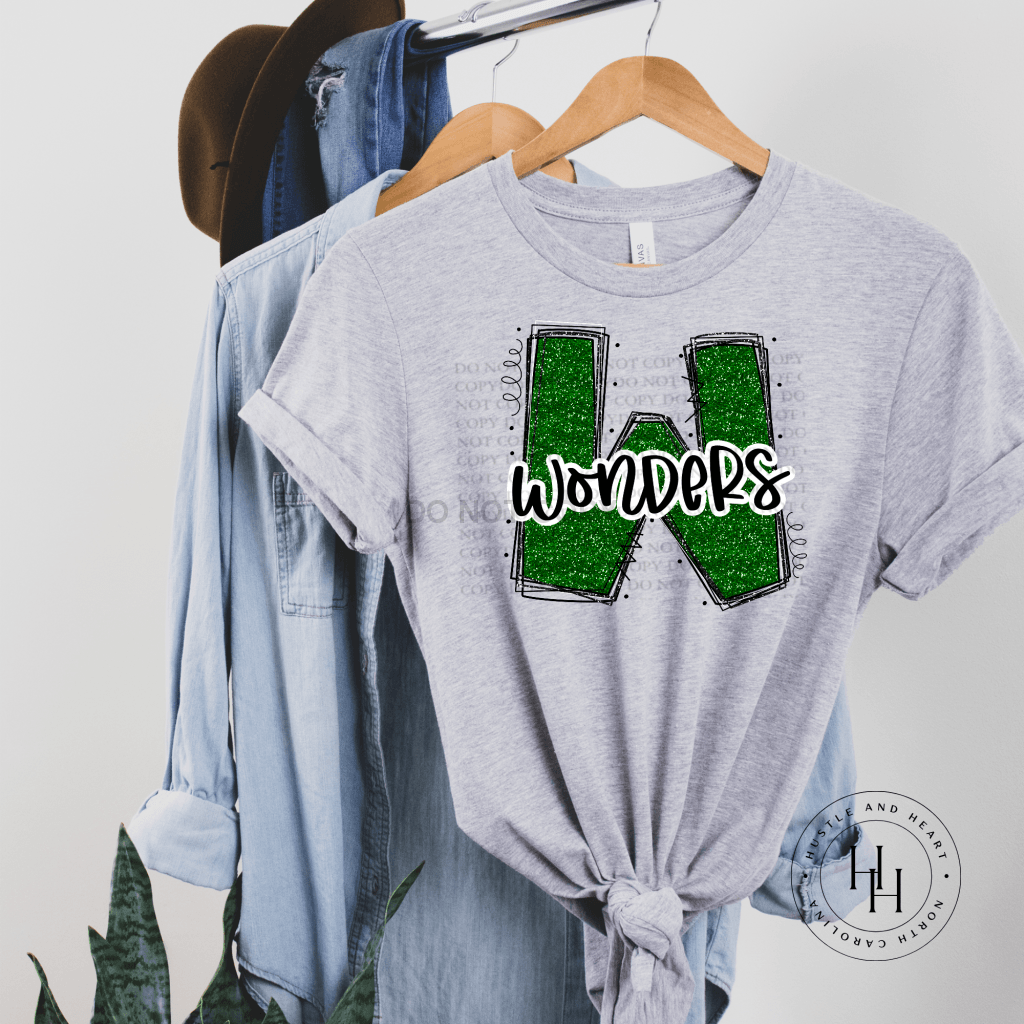 Wonders Green Glitter Varsity Doodle Graphic Tee Dtg Tee